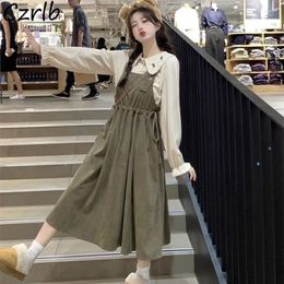 Casual Dresses Corduroy Women Buttons Patchwork Drawstring Bundle Waist Sleeveless A-line Midi Retro Sweet Preppy Style Chic