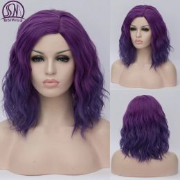 Wigs MSIWIGS Woman Purple 22 Colours Cosplay Wig Short Wavy Synthetic Heat Resistant Hair Pink Blonde Ombre Cos Wig