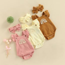 One-Pieces Infant Baby Girls Casual Jumpsuits, Rainbow Pattern Ruffled Sleeveless Triangle Bodysuit with Headband