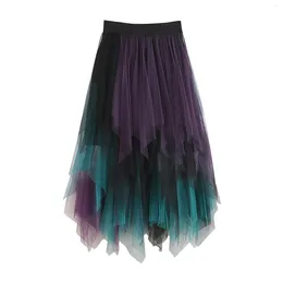 Skirts Matching Color Women's Skirt Multi Layer Mesh Female Tutu Irregular Elastic Waist Pleated Cake Mid Length