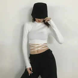 Women's T Shirts 2024 Spring And Autumn Short High-Waist Lace-Up T-Shirt Tight Long-Sleeved White Crop Top Sexy Fashion Jazz Dance