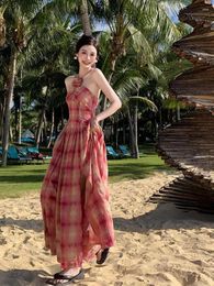 Casual Dresses Summer 2024 Retro Elegant Plaid Sundresses Korean Beach Vacation Party Long Dress Women Backless Halter Bandage Split Chic