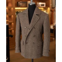 Suits Men's Suit Blazer Brown Tweed Double Breasted Notched Collar One Piece Steampunk Clothing for Wedding Jacket 2024 Costume Homme