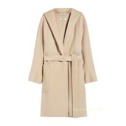 Designer Coats Cashmere Coats Luxury Coats Maxmaras New Womens Handsewn Shawl Collar Hooded Beige Bathrobe Wrapped Wool Coat