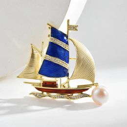 Brooches Fashion Metal Enamel Blue Sailboat For Women Beauty Rhinestone Pearl Boat Brooch Pins Casual Party Jewellery Gifts