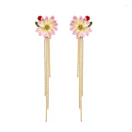 Stud Earrings 2024 Personalised Long Style Tassel Face Trimming Female Hand Painted Enamel Flower Ear Clips Without Studs