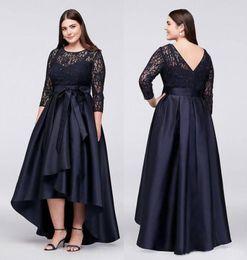 Navy Blue Plus Size High Low Formal Dresses with Half Sleeves Sheer Jewel Neck Lace Evening Gowns A Line Short Prom Dress1099357