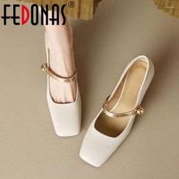 Dress Shoes FEDONAS Basic Women Pumps 2024 Spring Summer Square Toe Genuine Leather Thick High Heels Mature Elegant Office Lady Woman