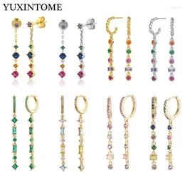 Hoop Earrings 925 Sterling Silver Ear Needle Geometric Zircon Chain Colorful Crystal Pendant Luxury Fashion Jewelry