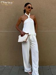 Clacive Summer Loose White 2 Piece Sets Women Outfit Sexy Halter Sleeveless Tank Top Matching High Waist Pants Set Female 240420