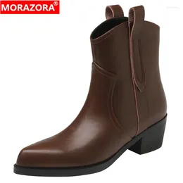 Boots MORAZORA 2024 Genuine Leather Women Western Pointed Toe Slip On Winter Shoes Ladies Square High Heels Mid Calf