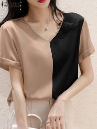 Blouse 2023 ZANZEA Fashion Contrast Colour Shirts For Women Summer Satin Blouse Short Sleeve V Neck Tops Elegant Work Blusas Femme Mujer