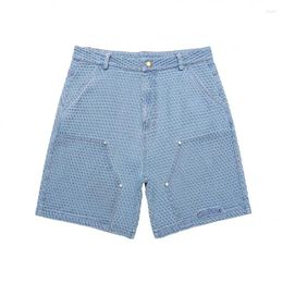 Men's Shorts Summer Diamond Washed Denim Zippered Shirt Set Mens Wide Leg Pockets Baggy Jeans Straight Casual Short