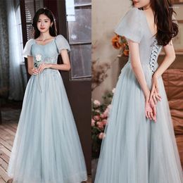 Party Dresses It's Yiiya Sky Blue Strapless Sequins A-Line Lace Up Floor-Length Short Sleeves Tulle Formal Dress Woman A2773