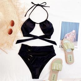 Women's Swimwear Sexy Cut Out Halter Female Swimsuit High Waist Bikini Women Two-pieces Set Black Bather Bathing Suit Swim K2918