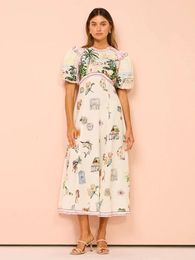 Women Casual Print Empire Waist Long Dress Short Sleeve Comfortable Loose Vintage Robe Party Club Vestidos 2024 Spring 240422