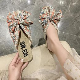 Slippers Summer Slipper Flat S For Women Outdoor Pearl Linen Insole Broken Flower Bow Sandals Pantuflas Para Mujer