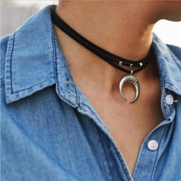 Necklaces Choker Layers Necklace Black Pu Belt with Moon Oxford Fish Tail Pendant Bead Charm Square Cube Extended Metal Chain