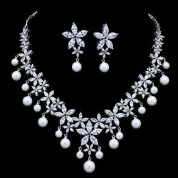 Necklaces AMC Luxury Star Pearl Pendant Necklace and Earring Set Bridal Zircon Wedding Accessories Party Dinner Jewelry Set Gift For Women