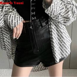 Women's Shorts Super Short Pants Women Korean Y2K Real Leather Booty Girls High Waist Zipper Pockets Skinny Trousers Sexy Street