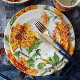 Plates American Style Sunflower Ceramic Plate Rural And Pastoral Western Cuisine Pasta Dining Salad Bowl Home Tableware