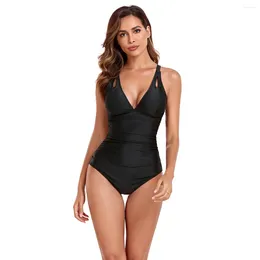 Women's Swimwear Solid Color Black One Piece Bikini For Women V-Neck Hollow Out Suspender Cross Straps Backless Swimsuit Wrinkle Beachwear