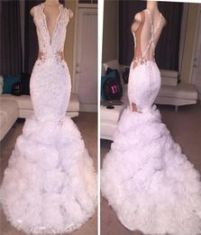 White Mermaid Prom Dresses Plunging V Neck Puffy Skirt Lace Applique Criss Cross Backless Long Party Gowns Evening Wear3746525