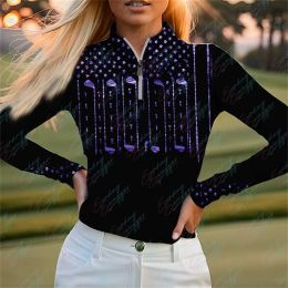 Caps Golf Women's Polo Long Sleeve Shirt Autumn Outdoor sport Breathable Quick Dry Colour Printed Tennis Golf Top Golf Shirt