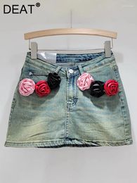 Skirts Women's Denim Skirt Solid Colour Rose Flower Wrap Hip Stretch A-line High Waist Mini 2024 Spring Fashion 29L7251