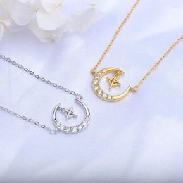 Pendants Korean Version Sterling Silver Micro Inlaid Star Moon Necklace Women's Fashion Gold Color Short