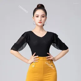 Stage Wear Women Latin Dance Tops Fashion Sexy Mesh Shirt Practise Clothes Ballroom Dancing Profession Performance Female Clothing 3XL