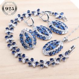 Bracelets 925 Silver Bridal Jewellery Sets Blue Zircon For Women Rings Pendant Earrings Wedding Necklace Bracelets Set