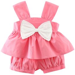 Sets 2Piece Set Summer Newborn Girls Clothes Korean Cute Bow Solid Sleeveless Cotton Pink Tops+Shorts Baby Boutique Clothing BC405