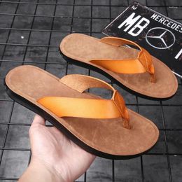 Slippers Qmaigie Men Flip Flops Leather 2024 Summer Beach Skid-proof Shoes Soft Comfortable Mens Plus Size 46 47