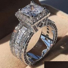 Rings Vintage Court Mens Ring Sier Princess Cut Cz Stone Engagement Band For Women Jewellery Gift Drop Delivery Dh0Xq