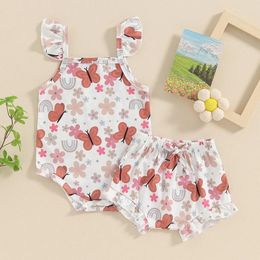 Clothing Sets Baby Girls 2Pcs Summer Outfits Sleeveless Watermelon/Floral Print Strap Romper Shorts Set Infant Clothes