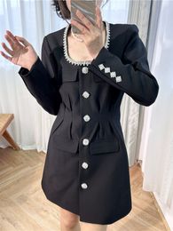 Self Portrait Summer Pure Colour Panelled Buttons Dress Black Long Sleeve Round Neck Single-Breasted Casual Dresses G4A2315