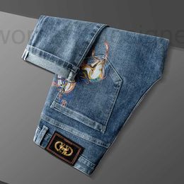 Men's Jeans Designer Spring/Summer Thin Fashion Brand Personalized Printed Jeans Mens Slim Fit Small Feet Mid Waist Korean Edition Men Long Pants M4F9