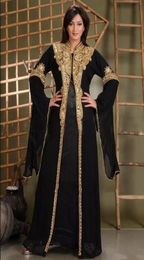 2019 Dubai Kaftan Evening Dresses with Gold Beaded Long Sleeves Chiffon Abaya Black Prom Formal Gowns9452309