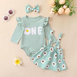 Clothing Sets Children Baby Girl 3pcs Bodysuits Clothes Infant Long Sleeve Ruffle Letter Print Romper Daisy Suspender Skirt Headband Set