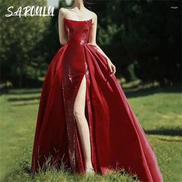 Party Dresses Red Sequined Long Evening Dress For Women With Side Slit Sexy Strapless Ballgown Prom In Stock Court Train Gown