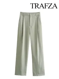 Women's Pants TRAFZA 2024 Spring Women Fashion Trousers Loose Zipper Long Pant Woman Wild With Folds Pockets Female Wide Leg