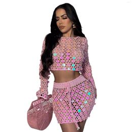 Work Dresses Sexy Handmade Crocheteds Sequin Skirt Two-piece Beach Suit Women Nightclub Outfits See Through Long Sleeves T Shirt Party Girls