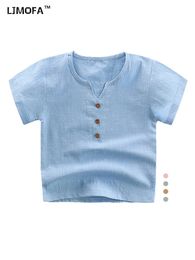 LJMOFA Retro Linen Cotton Boys T-shirt Suitable for Children Girls Summer Casual Clothing Childrens Candy Solid Colour Soft Top D127 240424