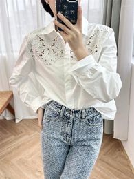 Women's Blouses Shirt Embroidery Hollow Out Turn-down Collar White Chemise Long Sleeve Ladies Single Breasted Blouse
