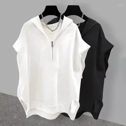 Men's Tank Tops 2024 Extra Large 150KG Solid Color Zipper Hooded Sleeveless Sweater For Men And Women Summer Instagram Korean Loose Top