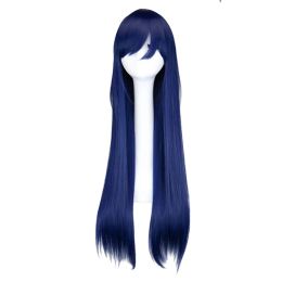 Wigs QQXCAIW Long Straight Cosplay Navy Mixed Blue 80 Cm Synthetic Hair Wigs