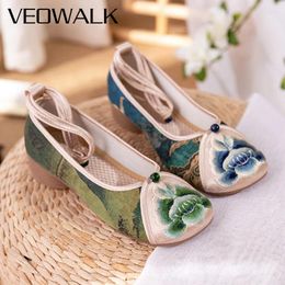 Casual Shoes Veowalk Tie-dyed Cotton Women Ankle Strap Flat Retro Comfortable Soft Non-Slippery Embroidered Green Blue