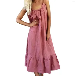 Casual Dresses Women's Solid Color Ruffles Sleeveless Swing Spaghetti Strap Dress Summer Beach Loose Plus Size