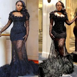 Mermaid Prom Gorgeous Dress Black Pearls Illusion Long Sleeves Evening Elegant Feathers Train African Formal Dresses For Women es